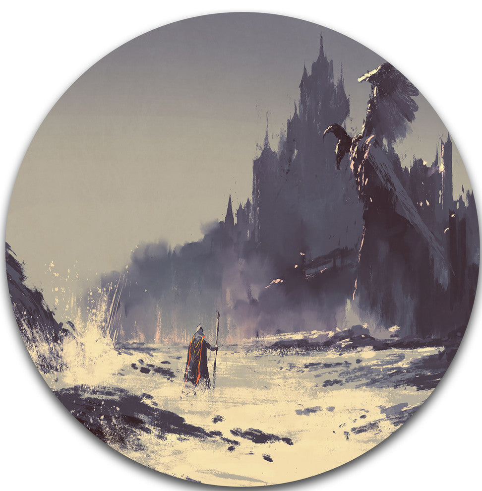 Dark Fantasy Castle, Landscape Painting Round Wall Art, 36"