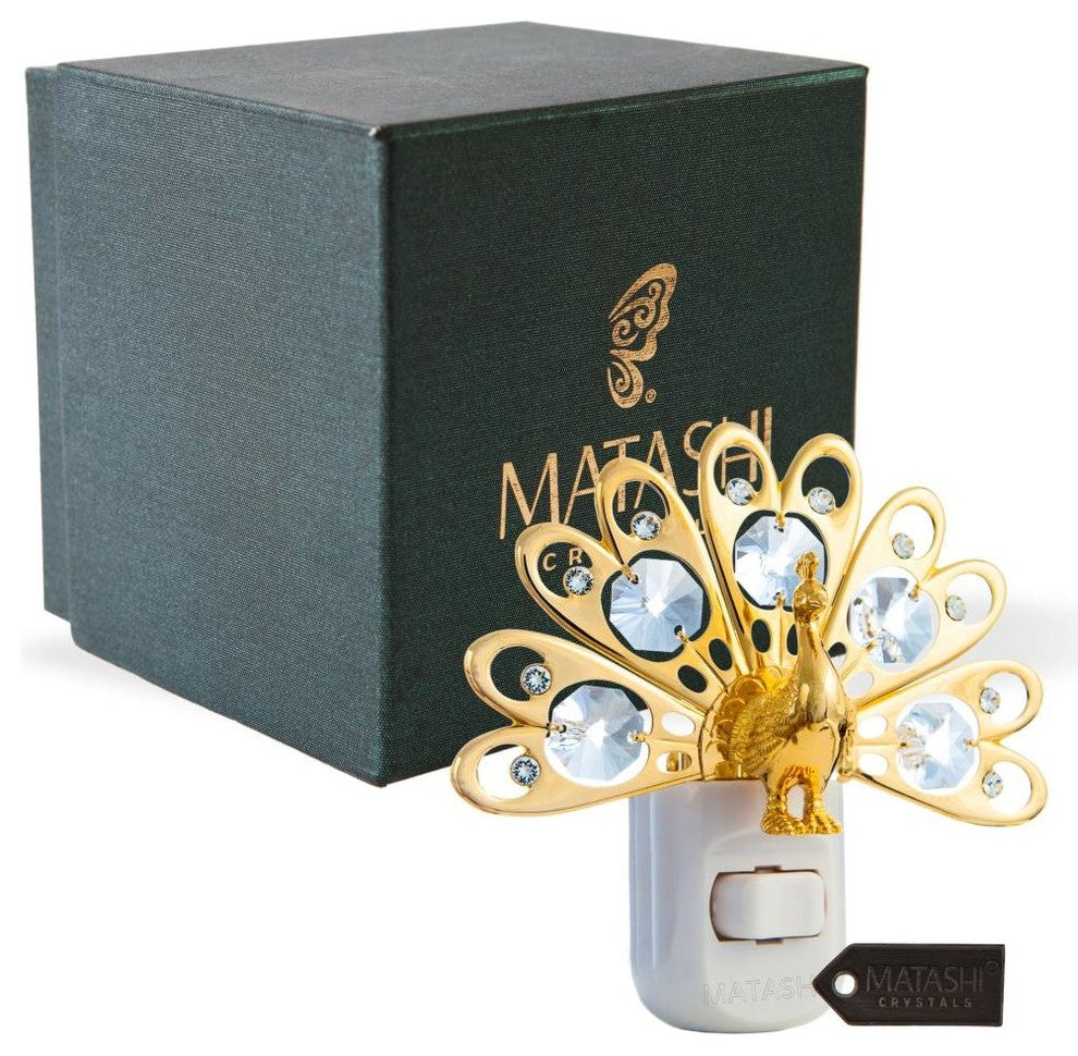 24K Gold Plated Crystal Studded Peacock Night Light With LED Bulb