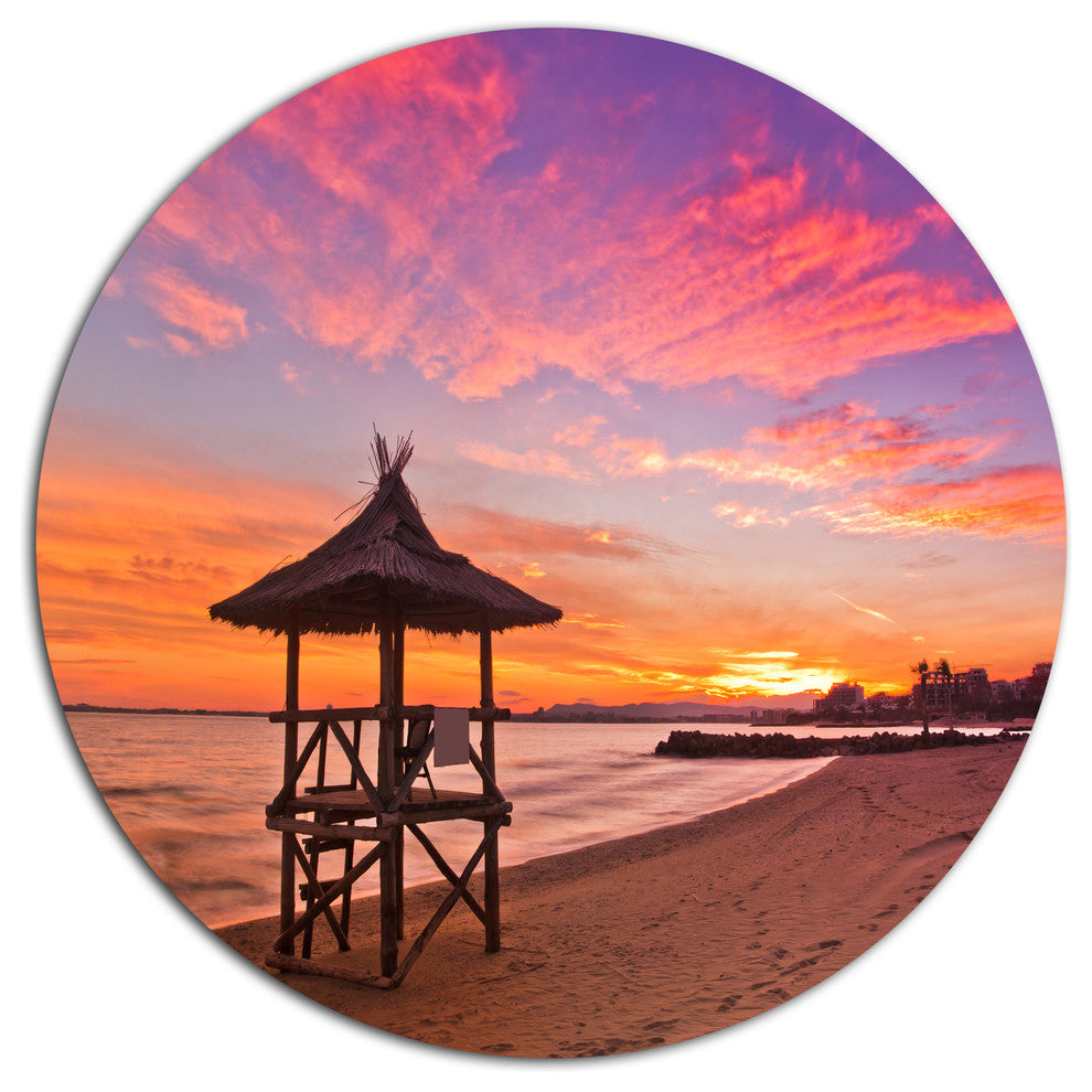 Lifeguard Station In Beautiful Beach, Seashore Disc Metal Wall Art, 36"