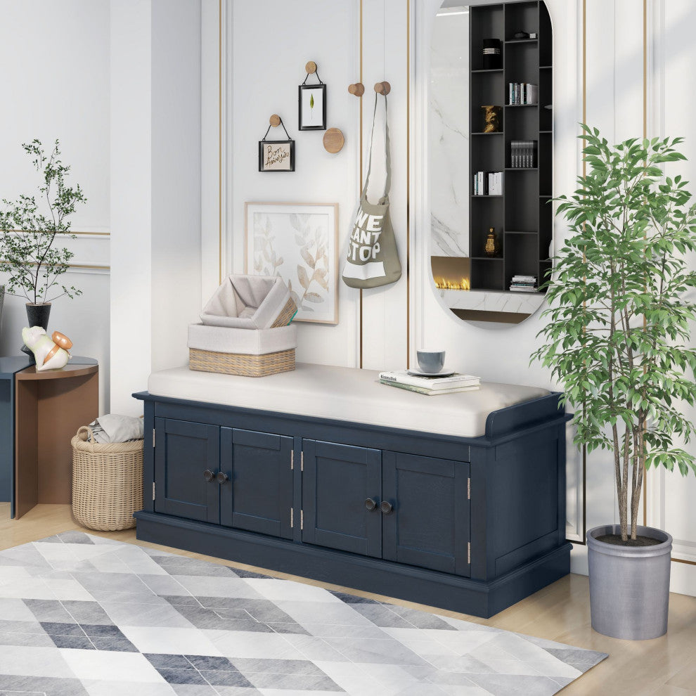 TATEUS 42" Wooden Storage Bench With 4 Doors and Adjustable Shelves for Entryway, Antique Navy