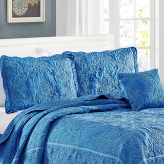 Damask Embroidered Quilted 4 Piece Bed Spread Sets, Palace Blue, King