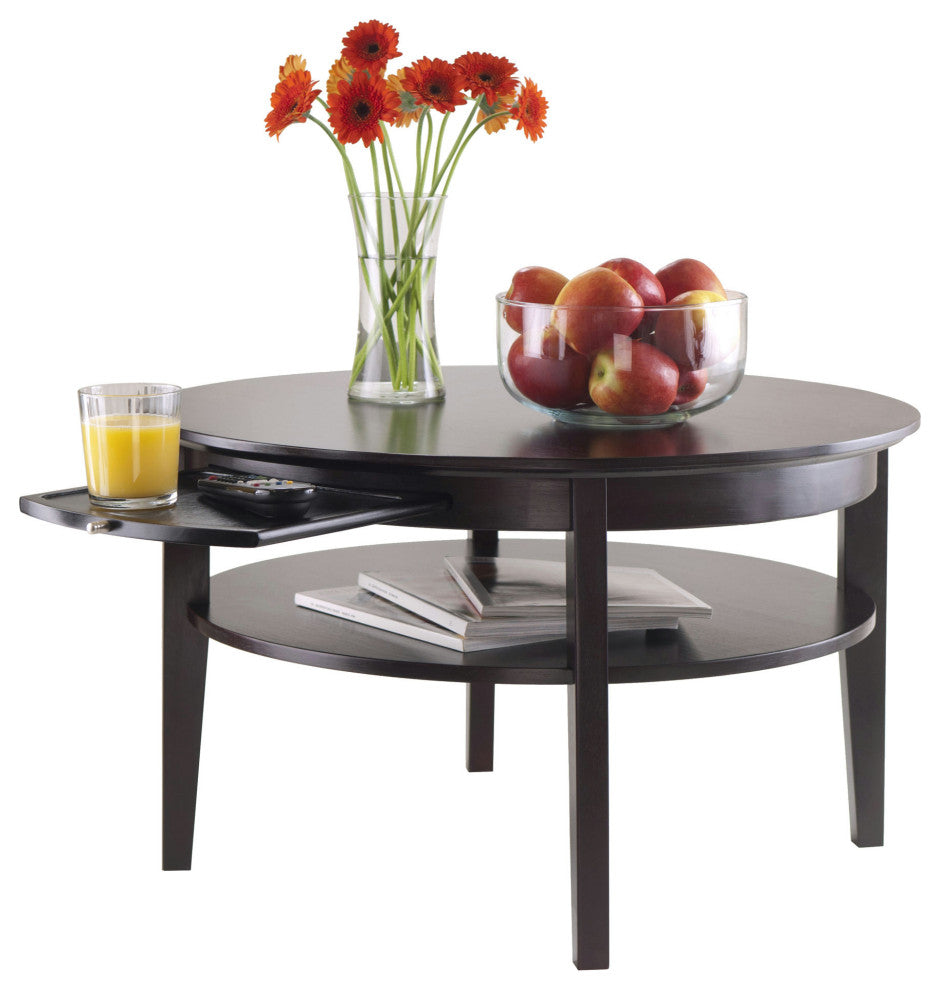 Amelia Round Coffee Table with Pull out Tray, Espresso