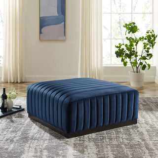 Conjure Channel Tufted Performance Velvet Ottoman, Black Midnight Blue