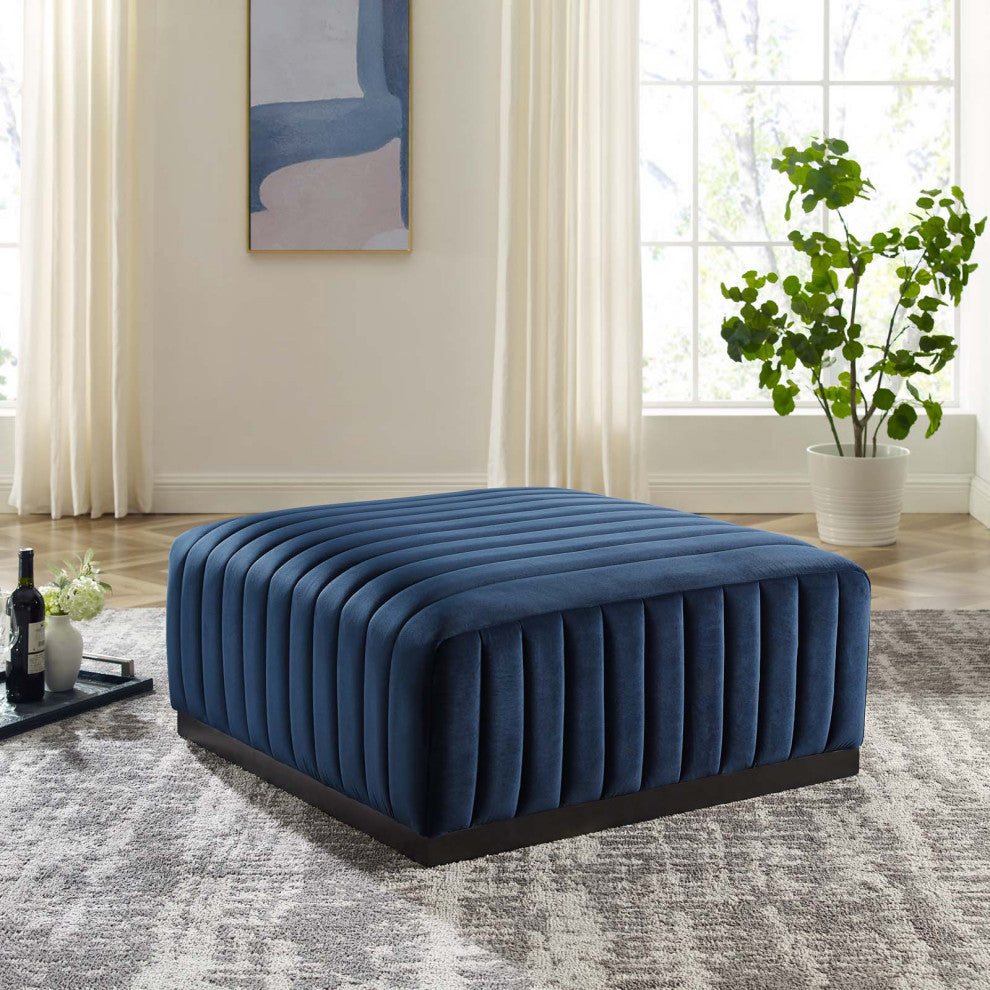 Conjure Channel Tufted Performance Velvet Ottoman, Black Midnight Blue