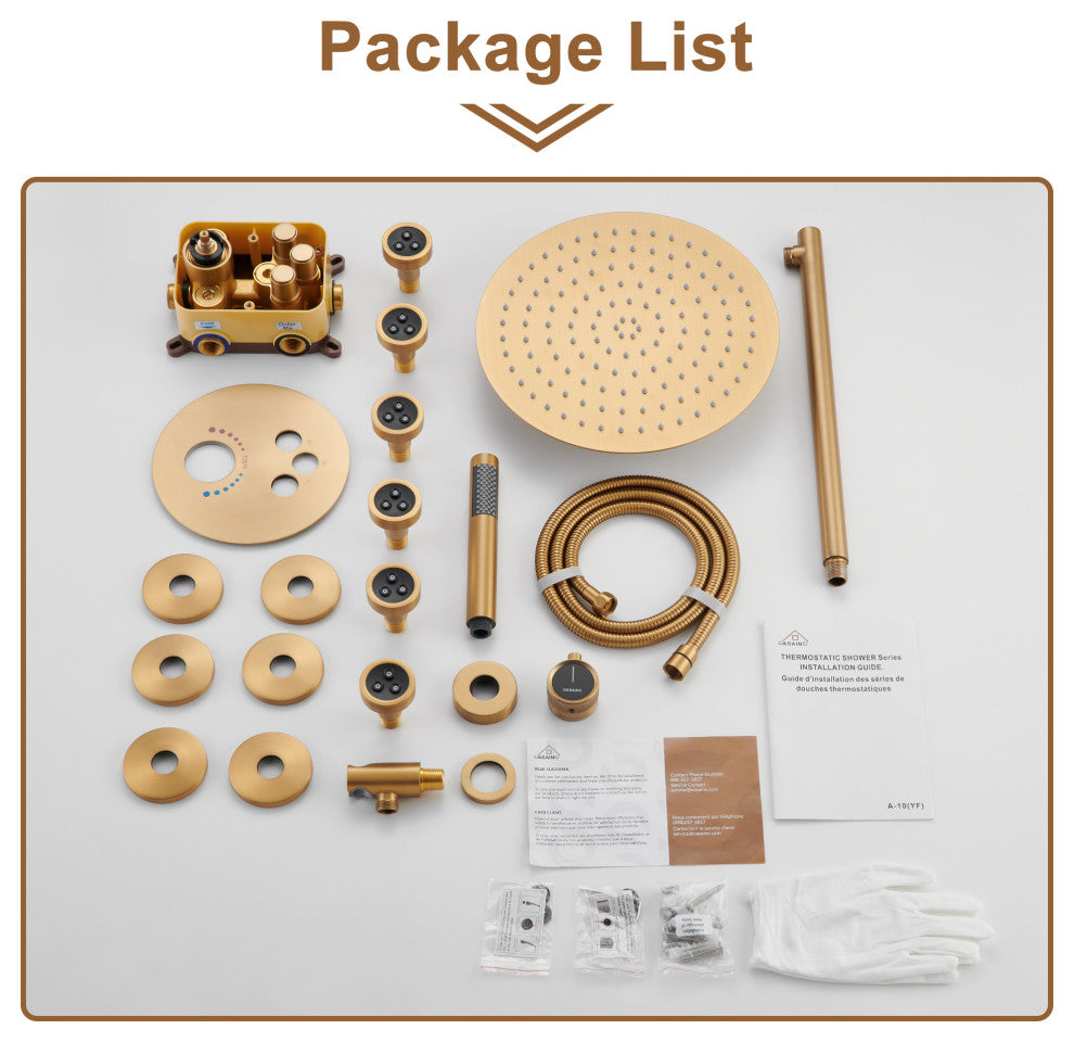 12" Luxury Rainfall Shower System with 3 Way Thermostatic Faucet, Brushed Gold