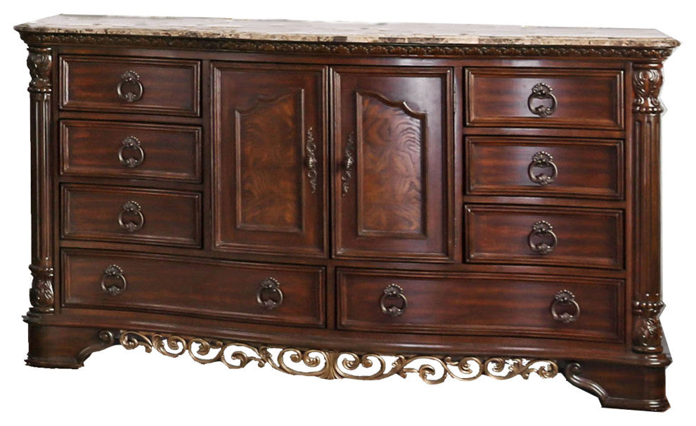 8 Drawer Wooden Dresser with 2 Door Cabinet and Marble Top, Brown