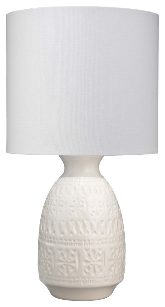 Frieze Table Lamp, White Ceramic With Drum Shade, White Linen