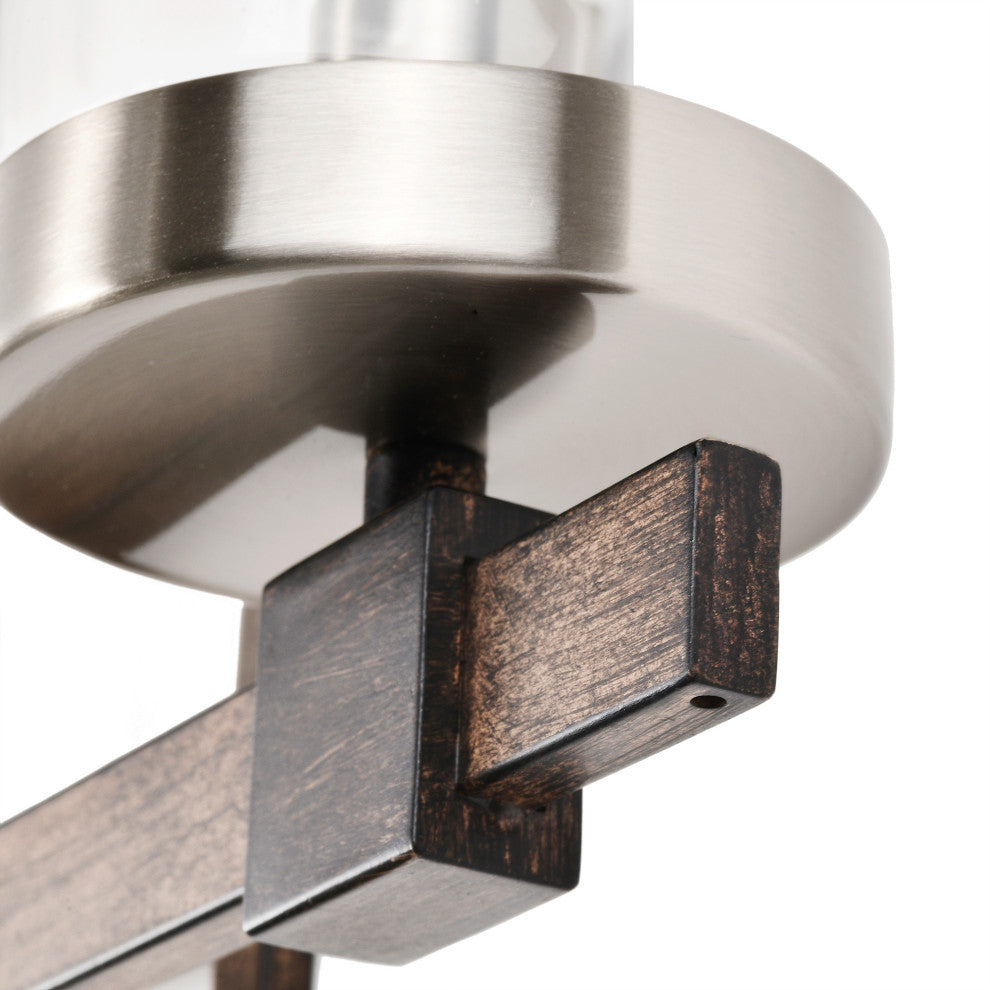 Lucy 3-Light Glass Wall Sconce, Satin Nickel and Faux Wood Finish