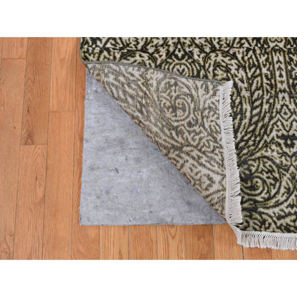 Jet Gray, Hand Knotted, Mughal Influence, Wool With Real Silk Rug, 8'8"x12'3"