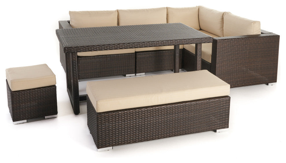 GDF Studio Santa Maria Outdoor Dining Sofa Set With Aluminum Frame, Multi-Brown/Beige