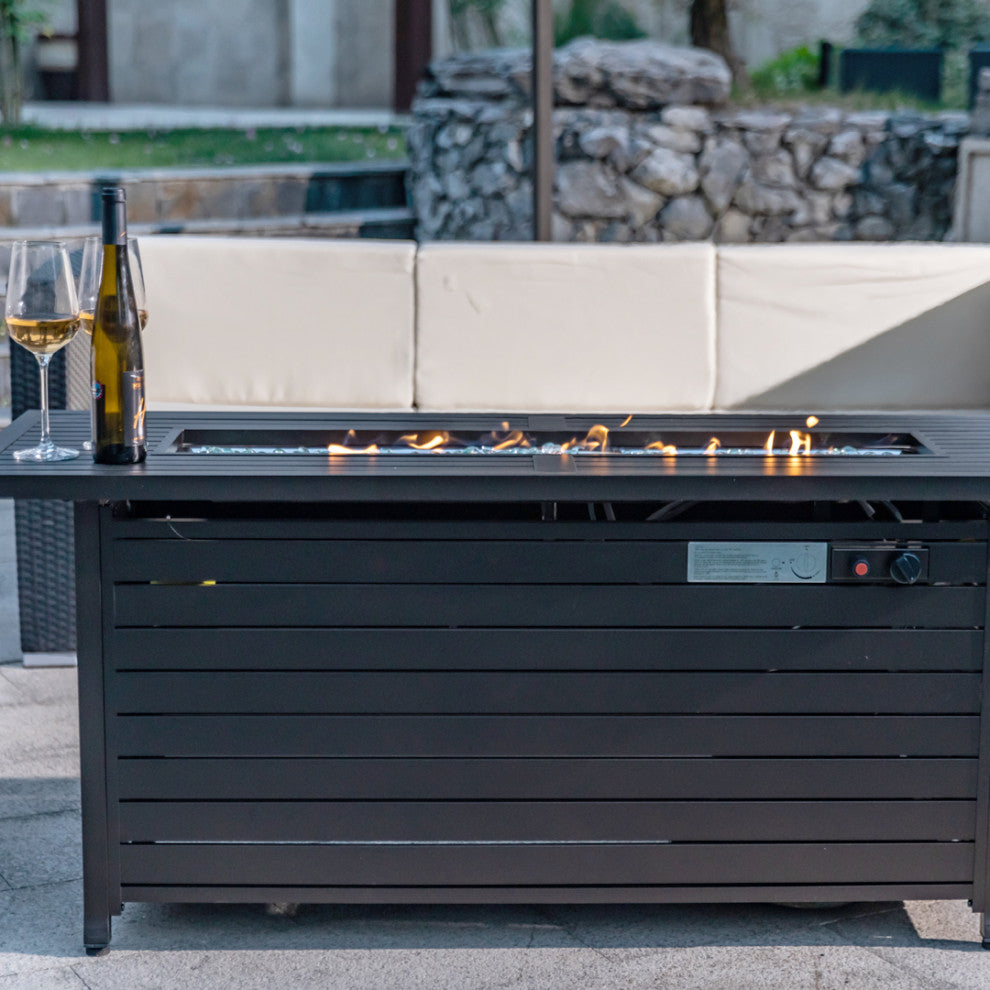 Aluminum Rectangular Fire Pit Table With Stainless Steel Burner, Mocha