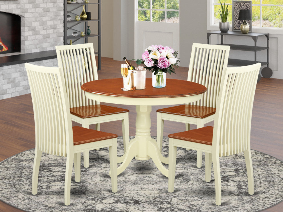 5Pc Hartland Set, 1 Dining Table, Four Wood Seat Dinette Chairs, Black, Cherry