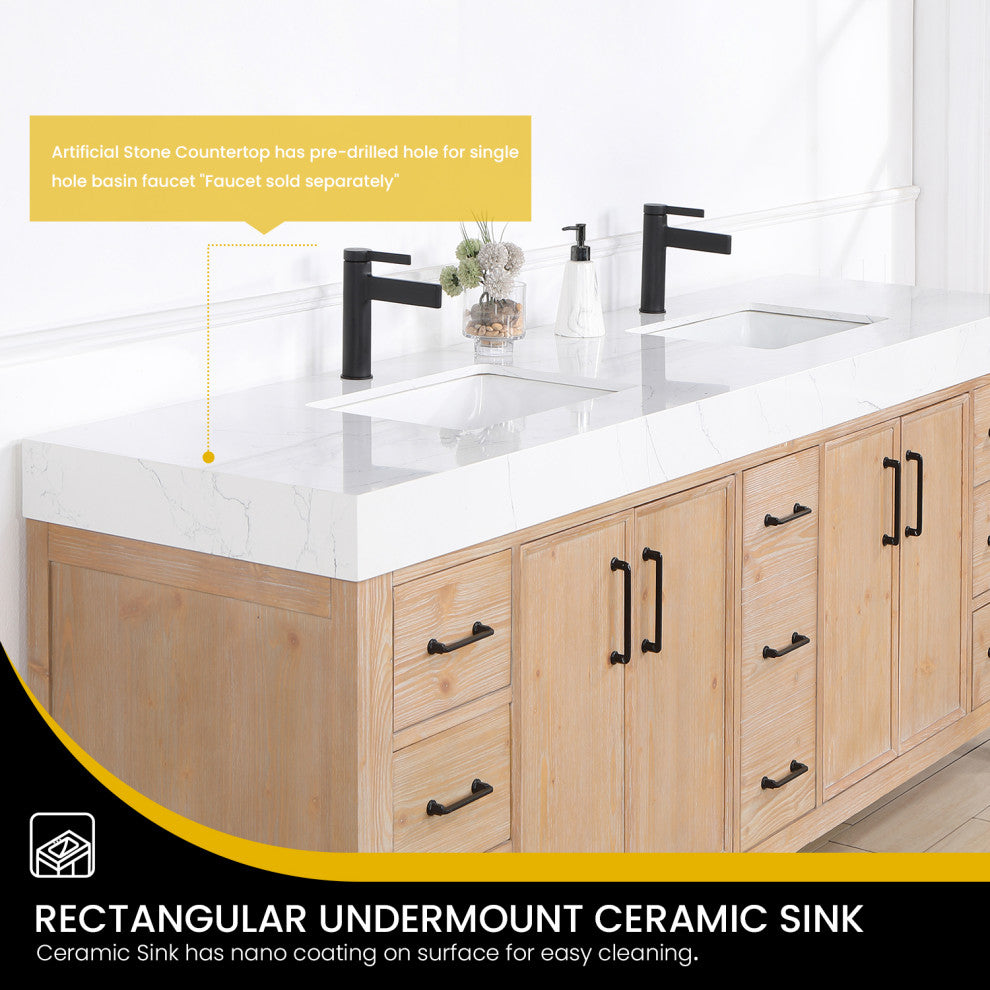 Leon Bath Vanity With Composite Stone Top, Fir Wood Brown, 84", No Mirror
