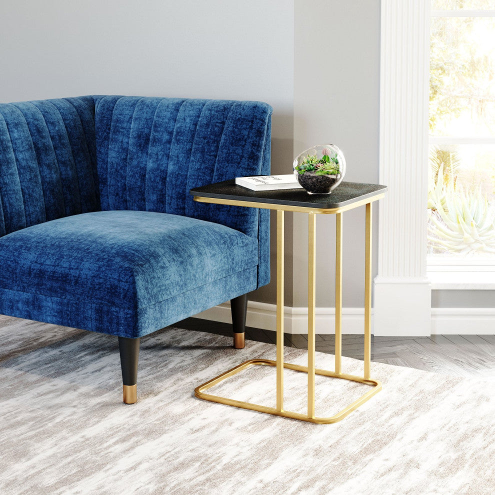 Sofa Side Table, Rectangular, Artificial Marble, Steel Metal, Black, Gold