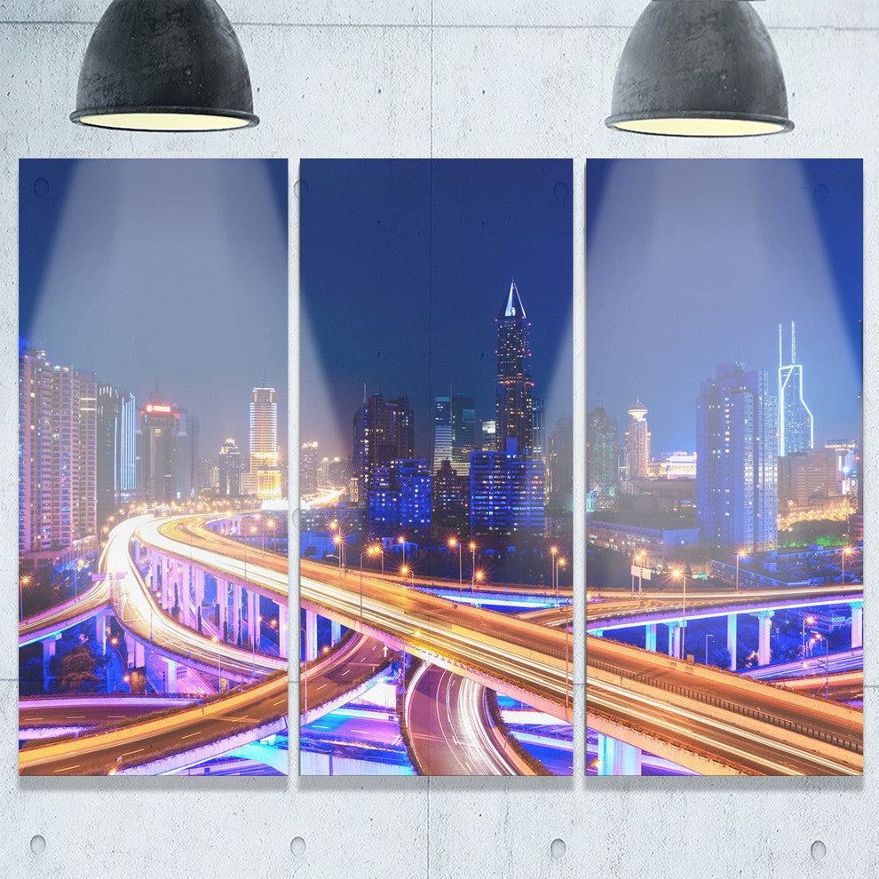 "Interchange Overpass at Night Skyline" Metal Wall Art, 3 Panels, 36"x28"