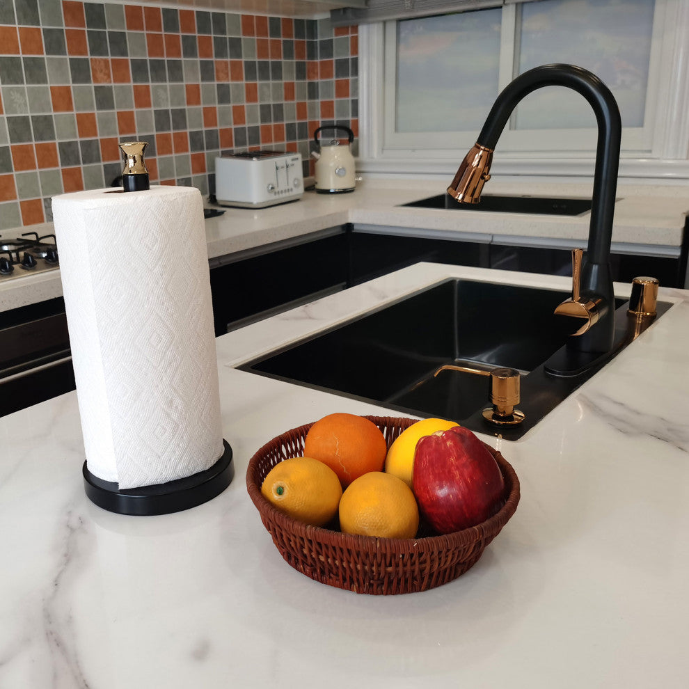 Pull Down Kitchen Faucet With Deck Plate, Two-Tone Matte Black and Rose Gold