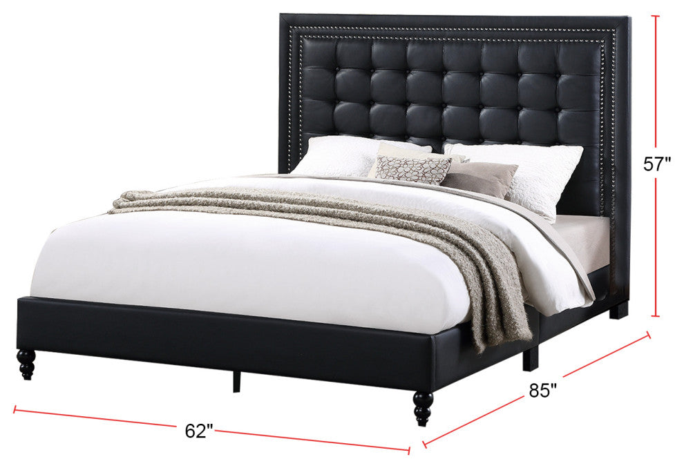 Faux Leather Upholstered Bed with Button Tufted Headboard, Black, Queen