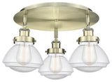 Olean-3 Light 18" Flush Mount-Antique Brass, Seedy Glass Shade
