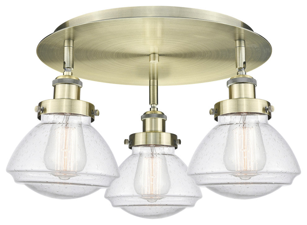 Olean-3 Light 18" Flush Mount-Antique Brass, Seedy Glass Shade