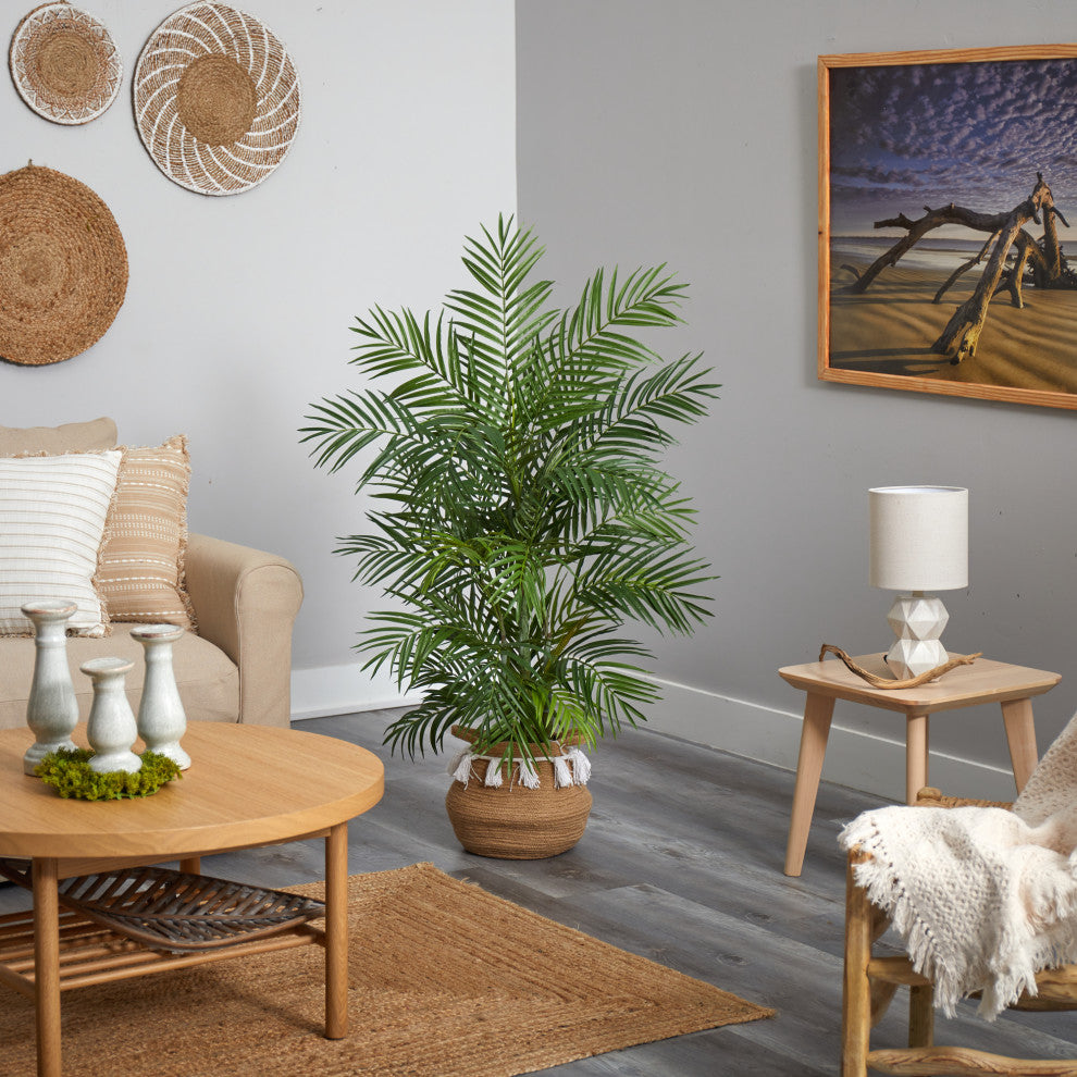 T2930 4' Areca Artificial Palm in Boho Chic Handmade Planter With Tassels