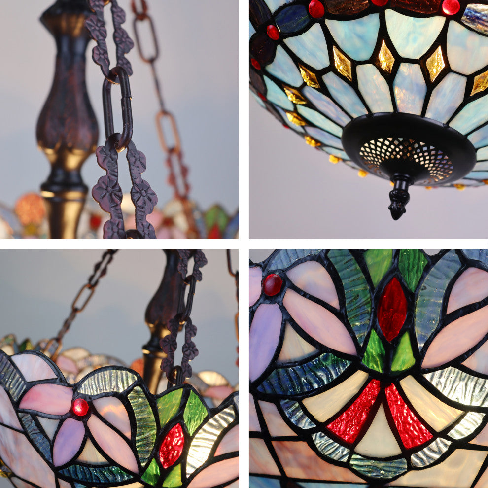 Victorian Tiffany-Style Dark Bronze 2 Light Inverted Ceiling Pendant 18" Wide