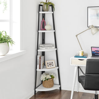 Danya B. Free-Standing 5-Tier Pyramid Corner Shelf, Black/White