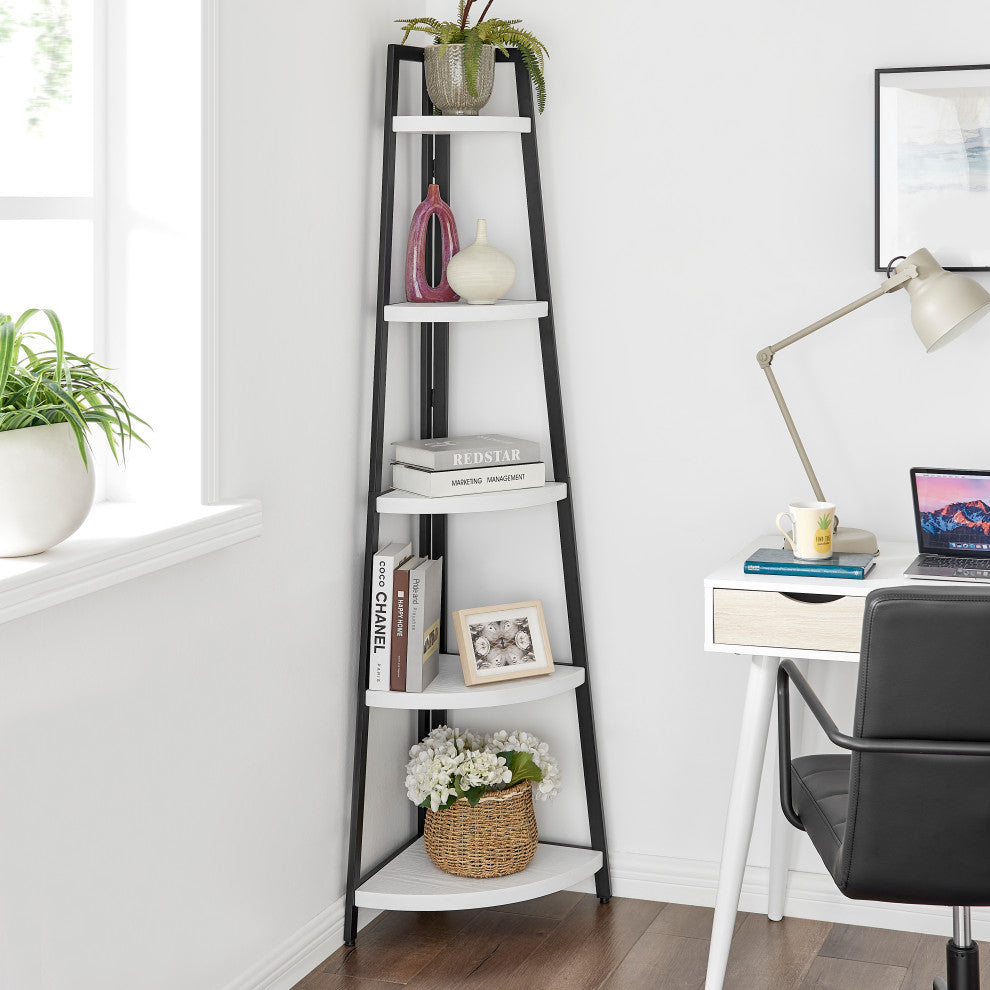Danya B. Free-Standing 5-Tier Pyramid Corner Shelf, Black/White