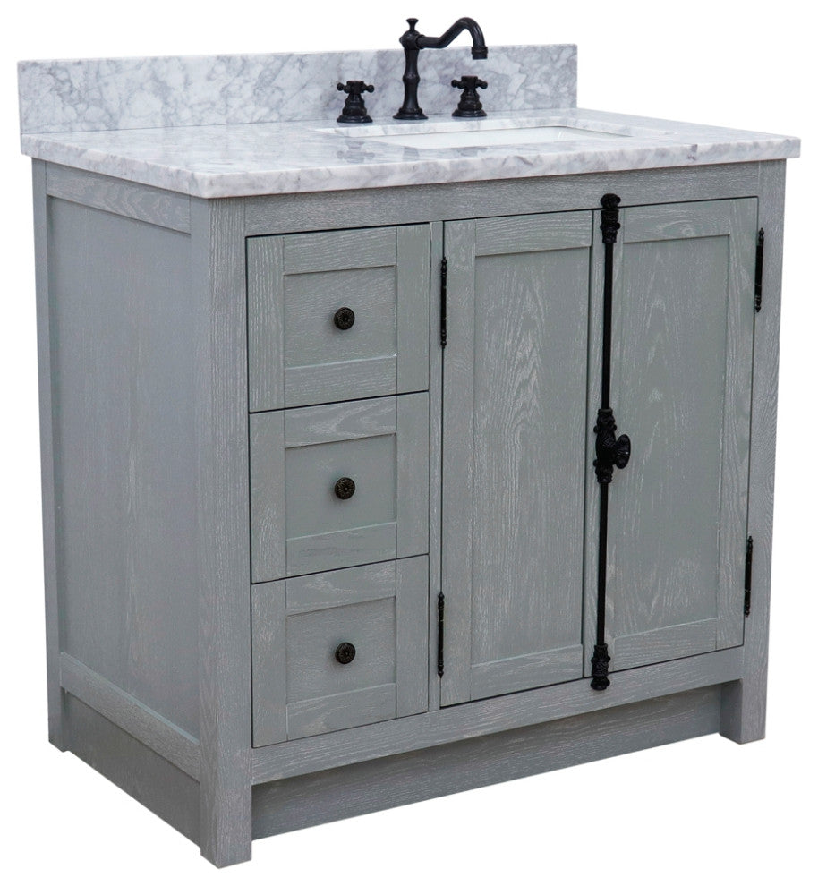 37" Vanity, Gray Ash With White Carrara Top, Right Doors/Right Rectangle Sink