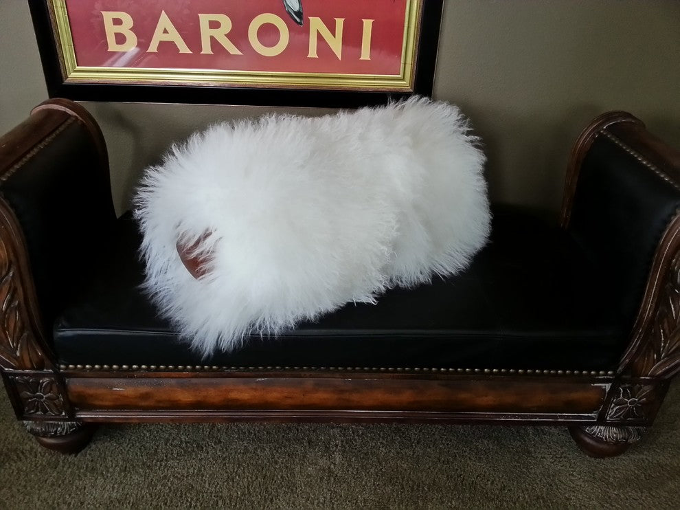 Gambrell Renard Mongolian Lamb with Brown Leather Bolster Pillow
