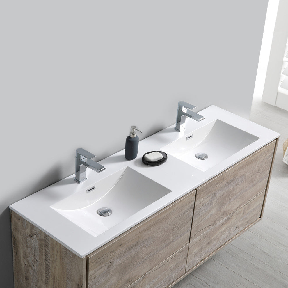 Fresca Catania 60" Natural Wood Wall Hung Double Sink Vanity, Medicine Cabinet
