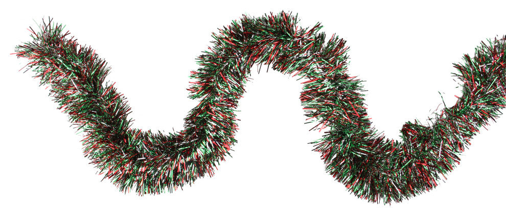50' Festive Shiny Red, Green and White Christmas Tinsel Garland, Unlit, 6 Ply