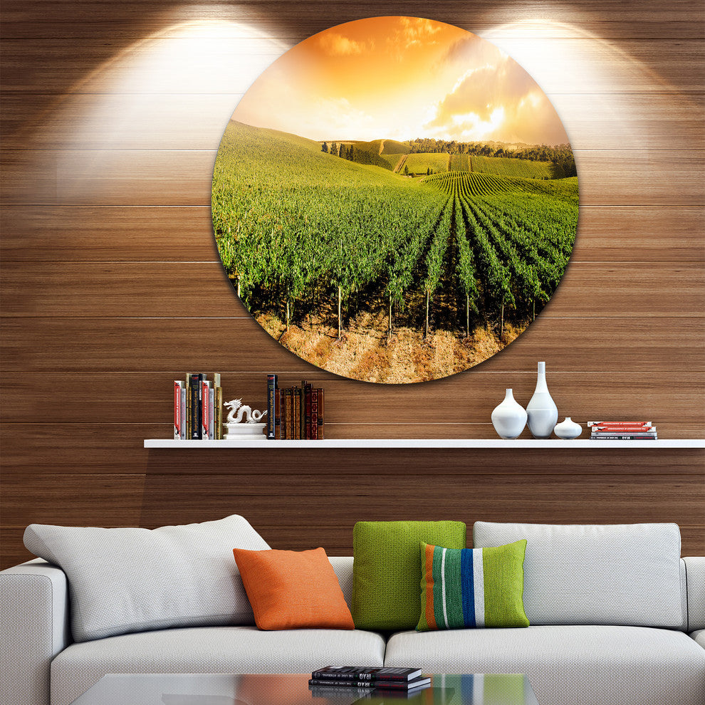 Sunset Vineyard Panorama, Round Metal Wall Art Landscape, 36"
