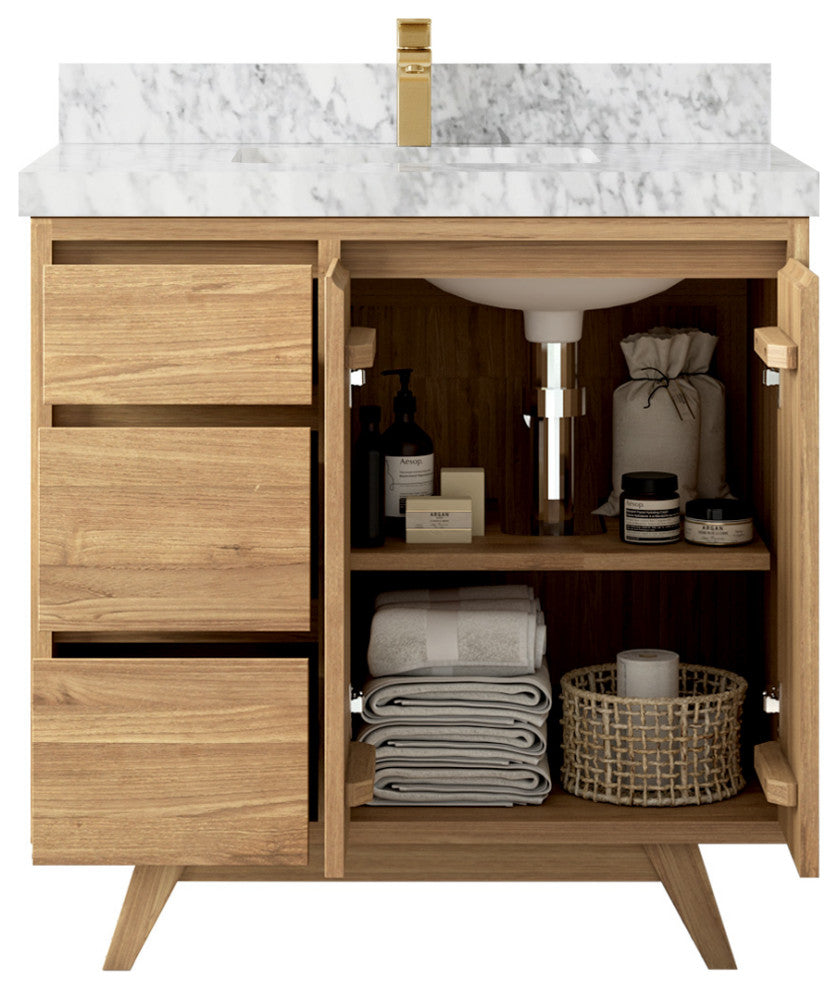 Madison Teak 36 Center Sink Bath Vanity in Light Natural 2" Carrara Marble