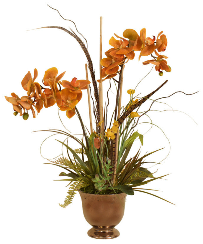 Copper Orchids With Feathers and Grasses