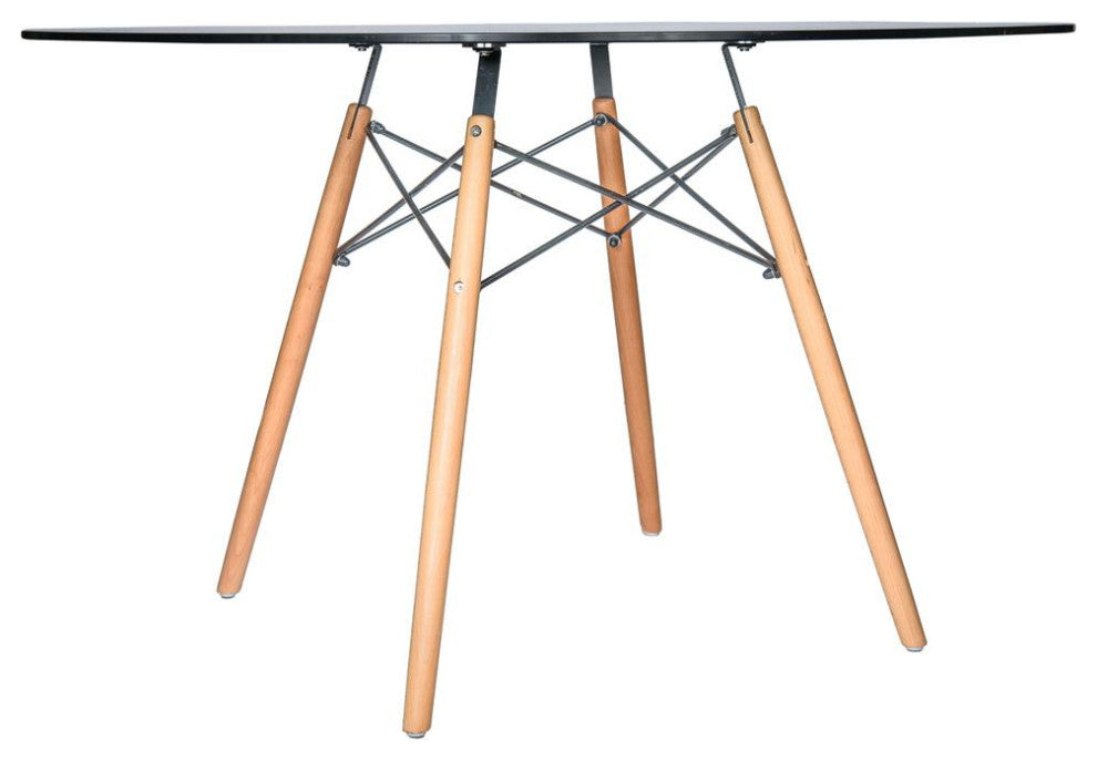 Leisuremod Dover Round Glass Top Dining Table With Natural Wood Eiffel Base