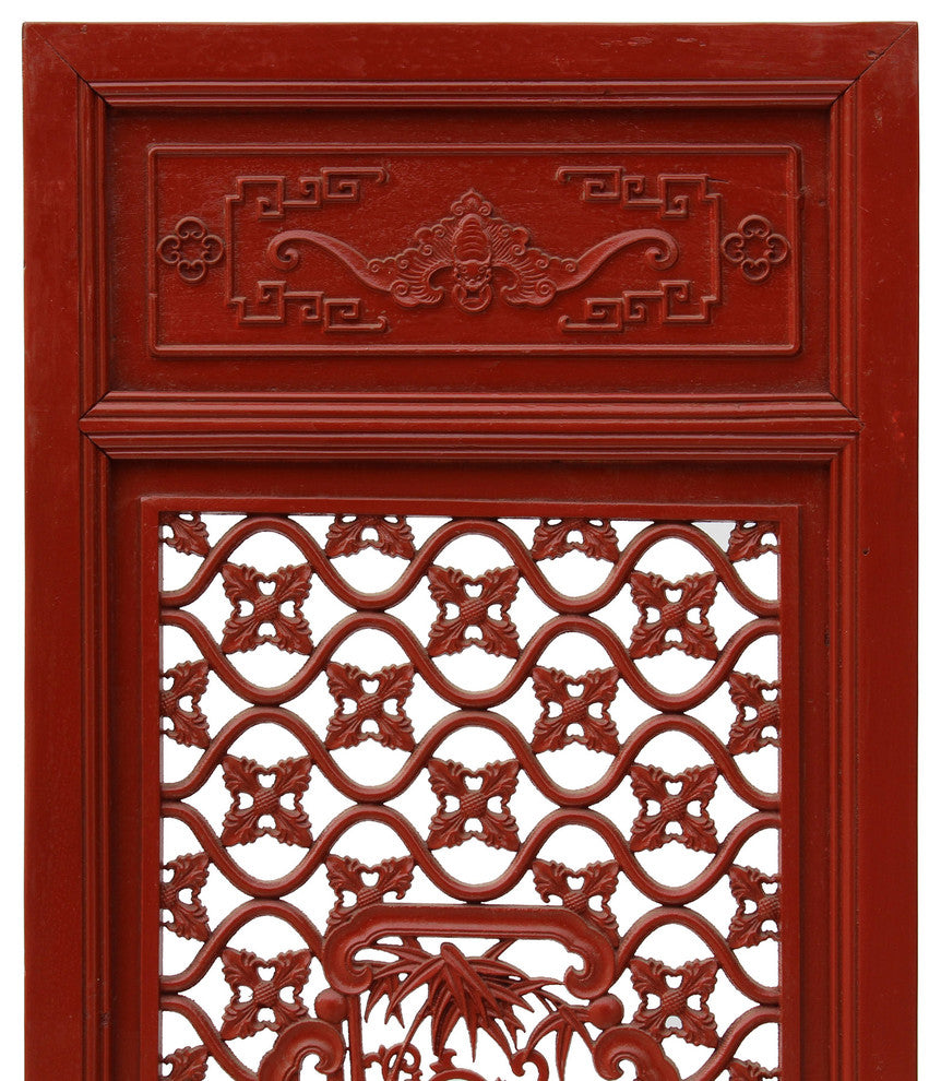 Red Paint Geometric Flower Bird Accent Narrow Floor Panel Headboard