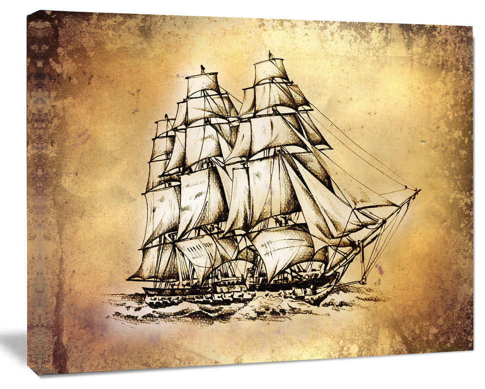 Moving Old Sailboat Drawing, Seashore Wall Art on Canvas, 20"x12"