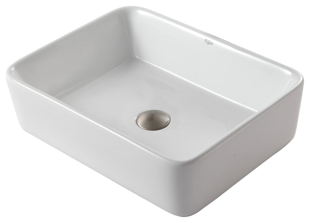 Elavo Ceramic Rectangle Vessel White Sink, PU Drain Satin Nickel