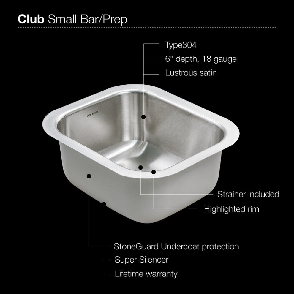 Houzer CS-1307 Club 12-3/8" Undermount Single Basin Stainless - Stainless Steel