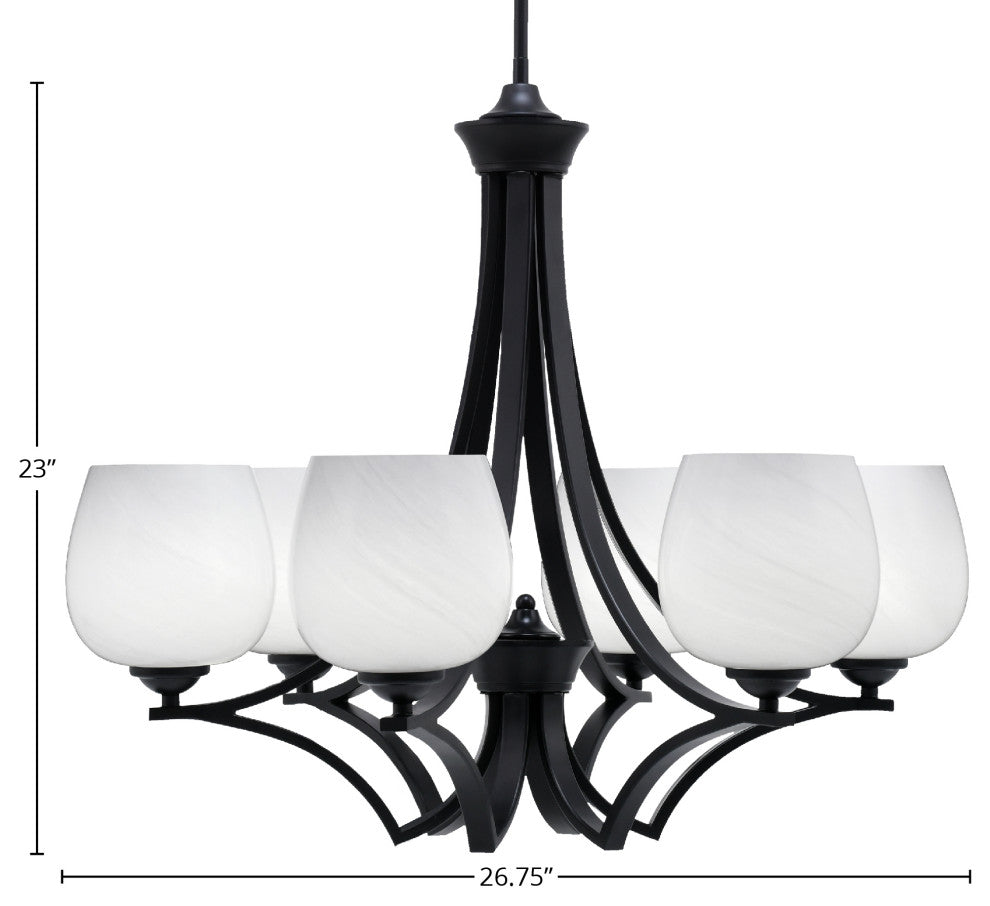 Zilo 6 Light Chandelier, Matte Black Finish With 6" White Marble Glass