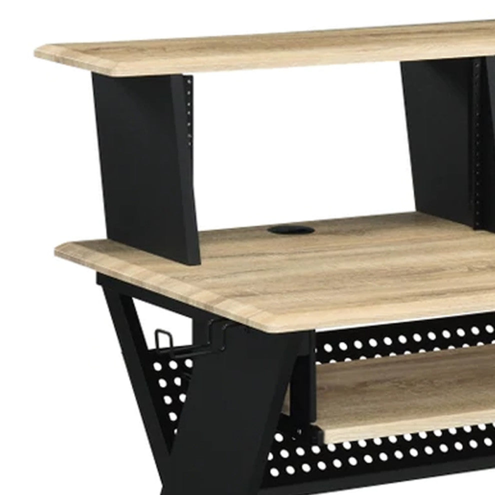 Benzara BM276203 Wood Music Desk Studio Station, Keyboard Tray, Shelves, Brown