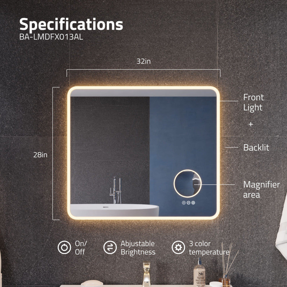 ANZZI 27" x 31" LED Front/Back Light Magnifying Bathroom Mirror WithDefogger