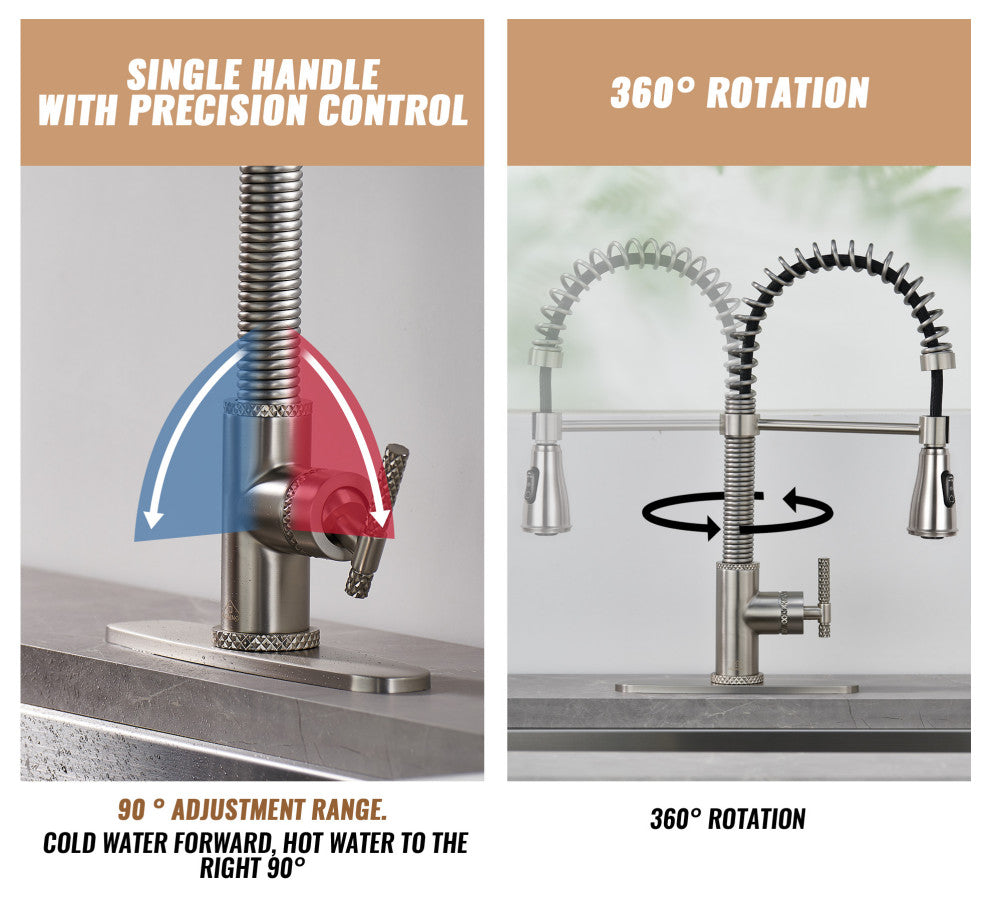 Single Handle Kitchen Faucet Pull-Down Sprayer, 360 Swivel, Three Functions, Brushed Nickel