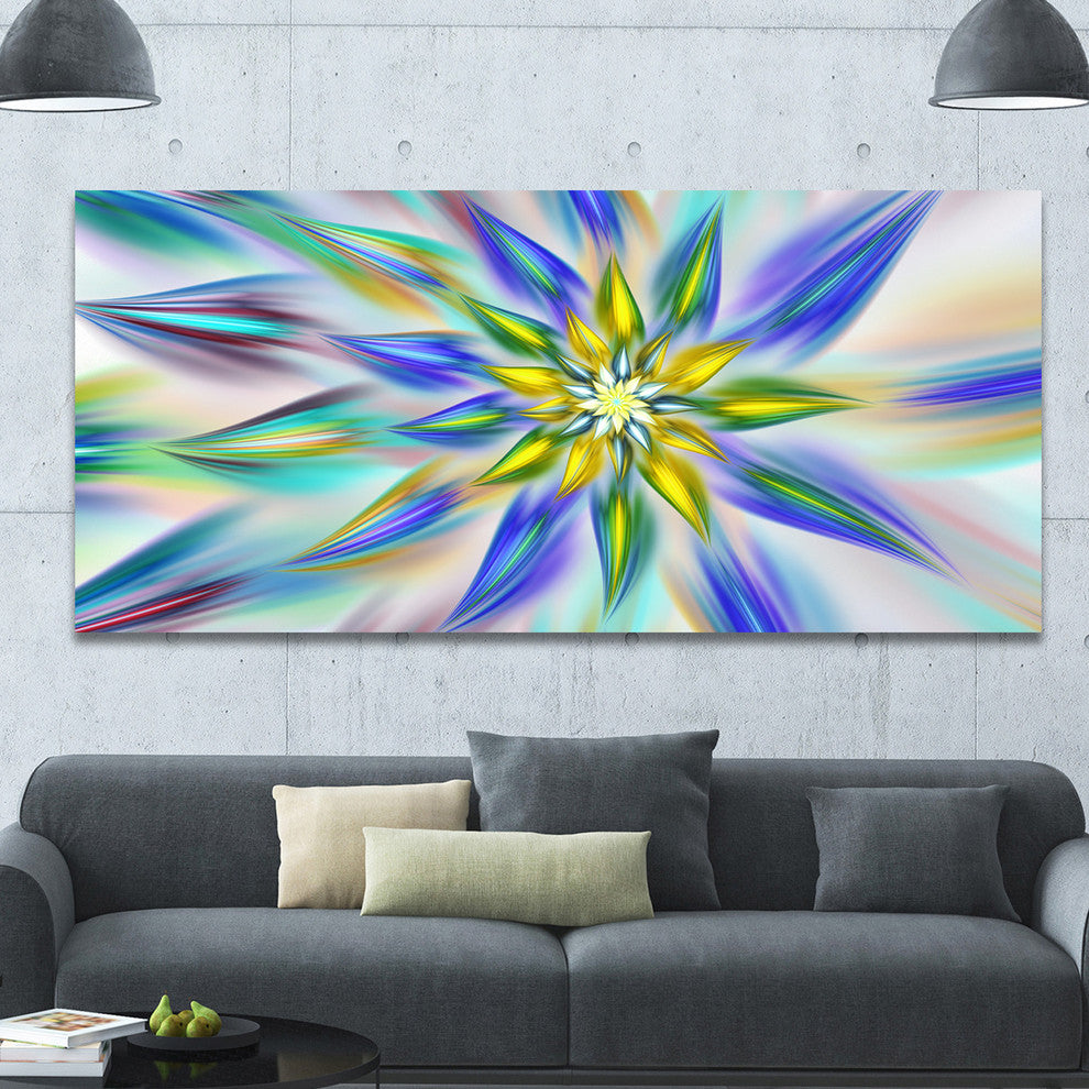 Dancing Blue Fractal Flower, Large Floral Canvas Art Print, 60"x28"
