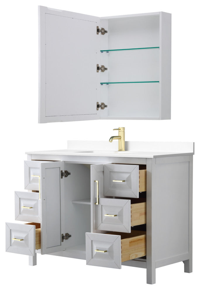 48"SGL Vanity White, White Cult. Marble Countertop, Sink, Med.Cabinet, Gold Trim