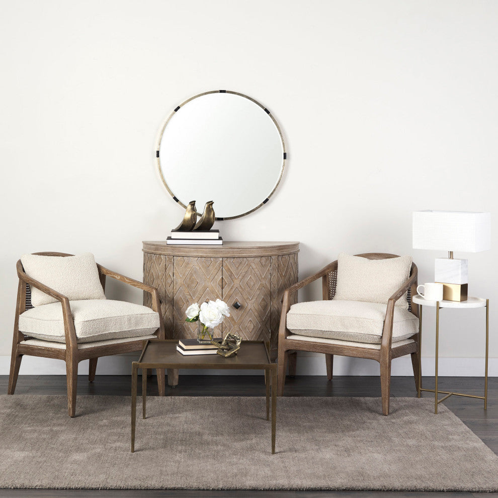 Landon Cream Fabric Seat w/ Light Brown Solid Wood & Cane Back Accent Chair