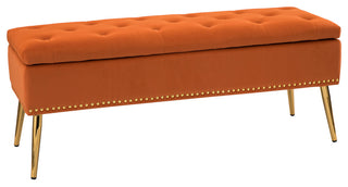 Button-tufted Storage Bench with Nailhead Trim, Orange