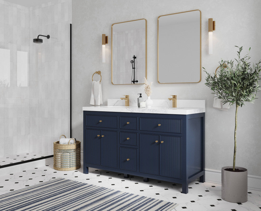 Sonoma 60 Double Sink Reeded Bathroom Vanity in Hale Navy Blue 2" White Quartz