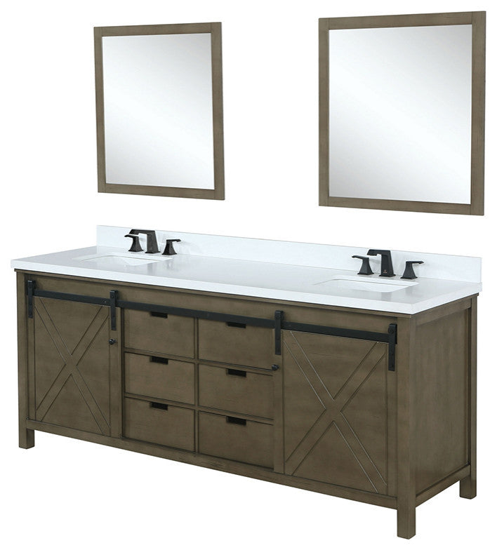 Marsyas 84" Double Vanity, White Square Sinks, 34" Mirrors, Rustic Brown