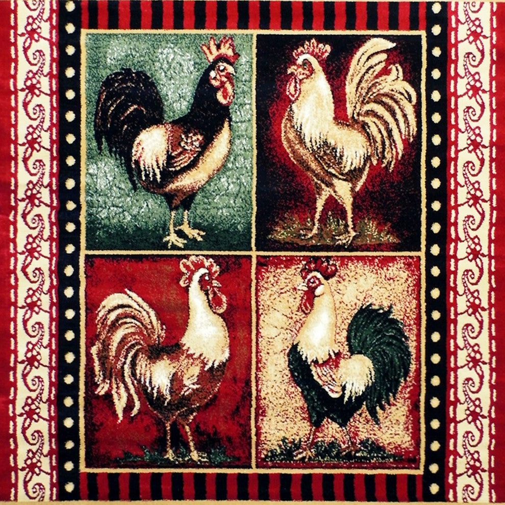 Angie Collection Rectangle 4' x 5' Red Rooster Themed Area Rug